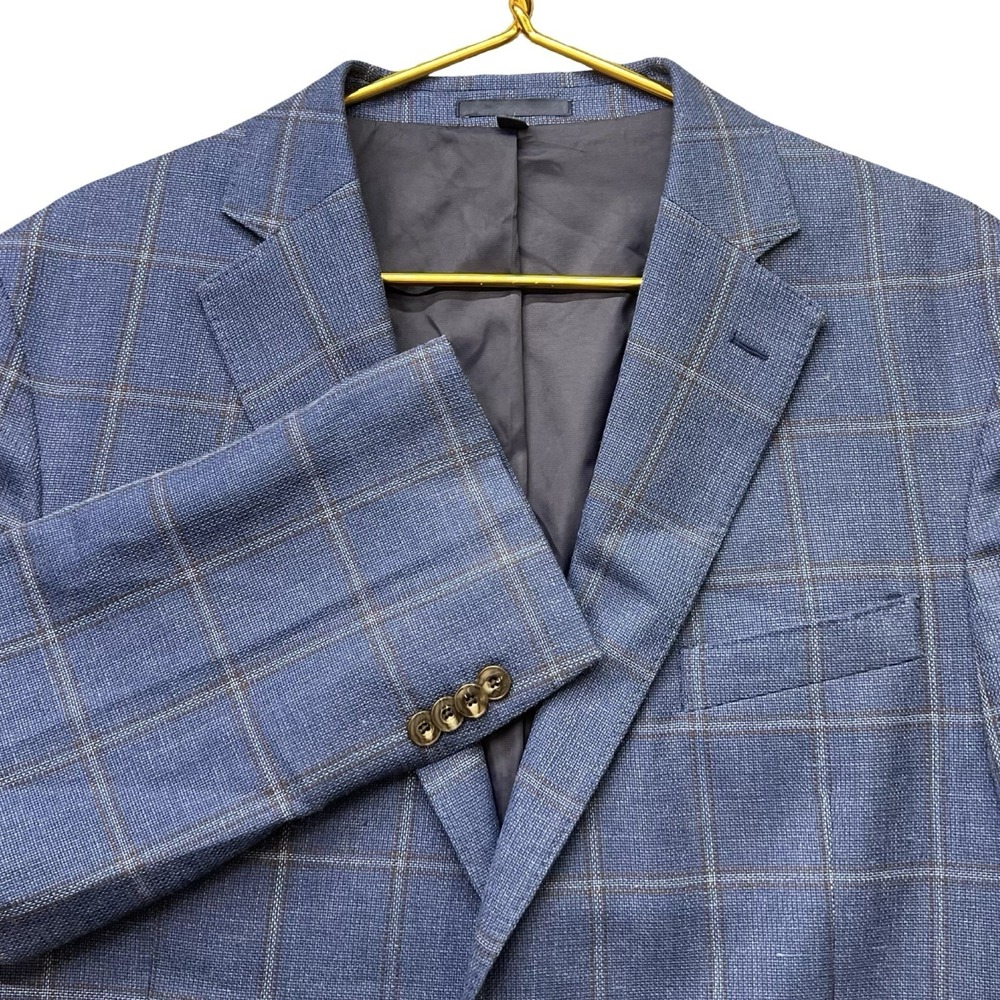 Jos A Bank 1905 Sport Coat 44R Wool Linen Blue Windowpane Blazer brrr